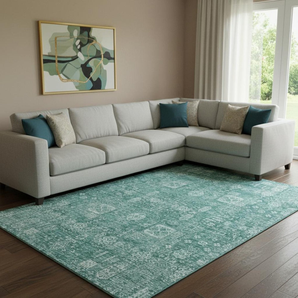 HomeRoots 8' X 10' Teal & Aqua Floral Area Rug - Washable, UV-Protected, Stain-Resistant for Stylish Living Spaces 653420