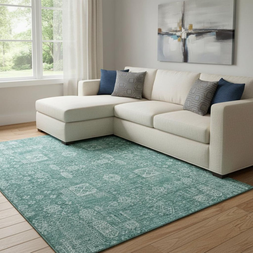 HomeRoots 9' X 12' Teal and Aqua Floral Area Rug - Durable, Stain-Resistant, UV Protected for Stylish Living Spaces 653421