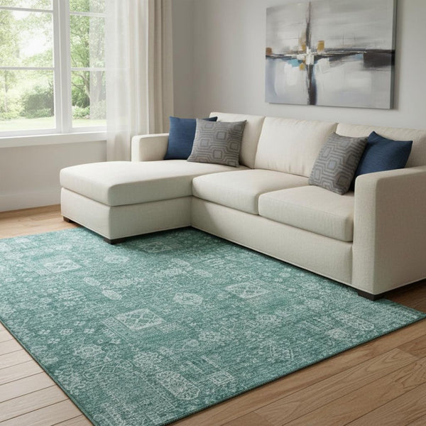 HomeRoots 9' X 12' Teal and Aqua Floral Area Rug - Durable, Stain-Resistant, UV Protected for Stylish Living Spaces 653421