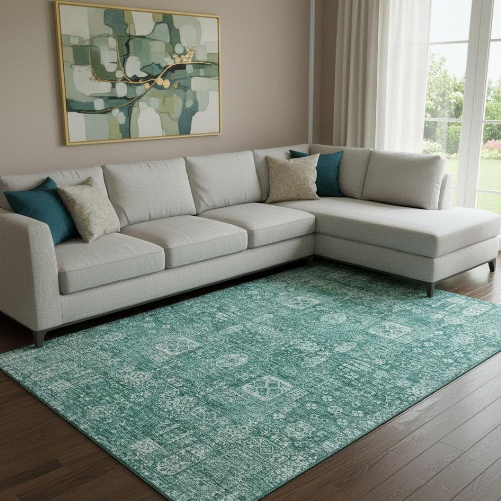 HomeRoots 10' X 14' Teal and Aqua Floral Washable Area Rug - UV Protected, Soft, Stylish & Durable for Any Space! 653422