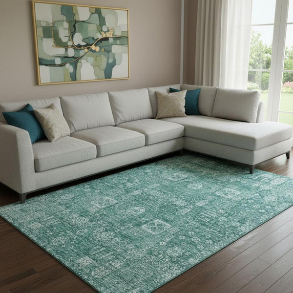 HomeRoots 10' X 14' Teal and Aqua Floral Washable Area Rug - UV Protected, Soft, Stylish & Durable for Any Space! 653422