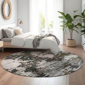 HomeRoots 8' Stylish Taupe, Ivory & Charcoal Abstract Round Rug - Washable, UV Protected & Stain Resistant! 653425