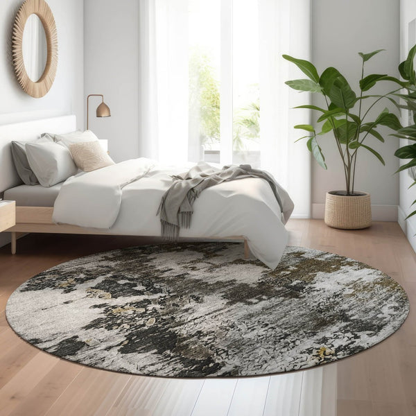 HomeRoots 8' Stylish Taupe, Ivory & Charcoal Abstract Round Rug - Washable, UV Protected & Stain Resistant! 653425