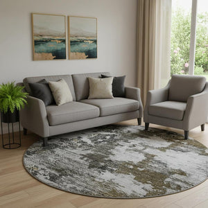 HomeRoots 8' Stylish Taupe, Ivory & Charcoal Abstract Round Rug - Washable, UV Protected & Stain Resistant! 653425