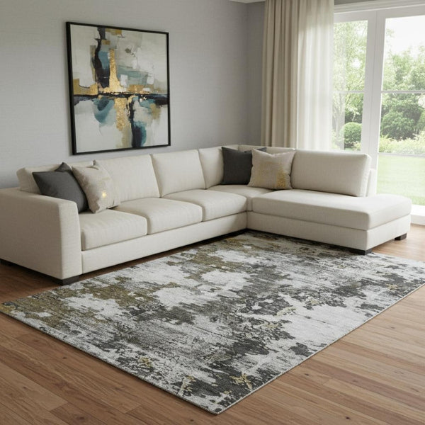 HomeRoots 10' X 14' Abstract Washable Area Rug - Taupe, Ivory & Charcoal with UV Protection for Busy Homes 653428