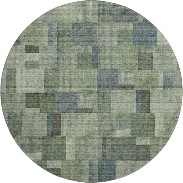 HomeRoots 8' Modern Geometric Round Rug in Green, Blue, and Gray – Washable, UV-Protected, Stain Resistant! 653431