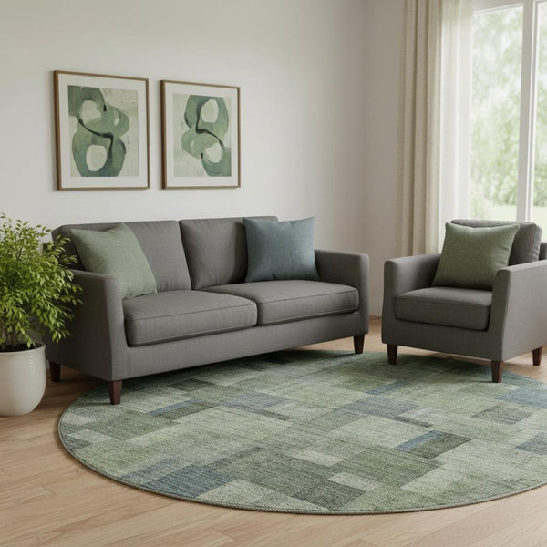 HomeRoots 8' Modern Geometric Round Rug in Green, Blue, and Gray – Washable, UV-Protected, Stain Resistant! 653431