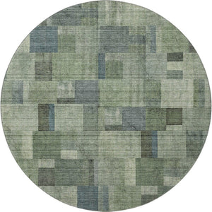 HomeRoots 8' Modern Geometric Round Rug in Green, Blue, and Gray – Washable, UV-Protected, Stain Resistant! 653431