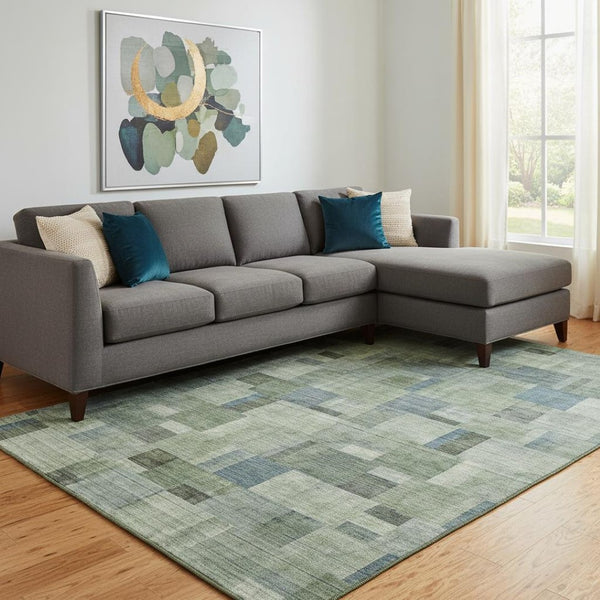 HomeRoots 8' X 10' Geometric Area Rug in Green, Blue, and Gray – Washable, UV-Protected, Perfect for Kids & Pets! 653432
