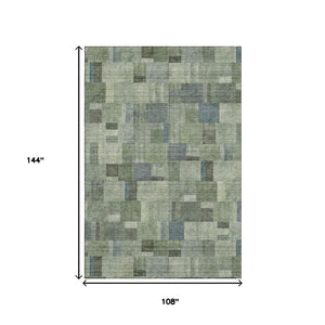 HomeRoots 9' X 12' Geometric Area Rug - Washable, UV-Protected, Stylish Green, Blue & Gray for Active Homes 653433