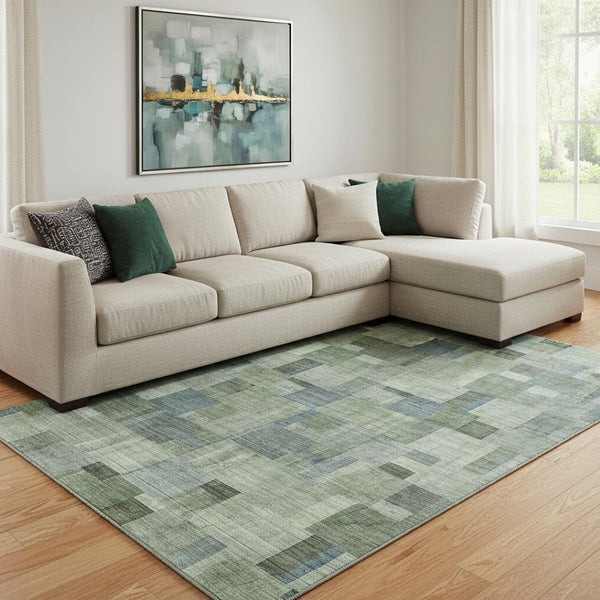 HomeRoots 9' X 12' Geometric Area Rug - Washable, UV-Protected, Stylish Green, Blue & Gray for Active Homes 653433