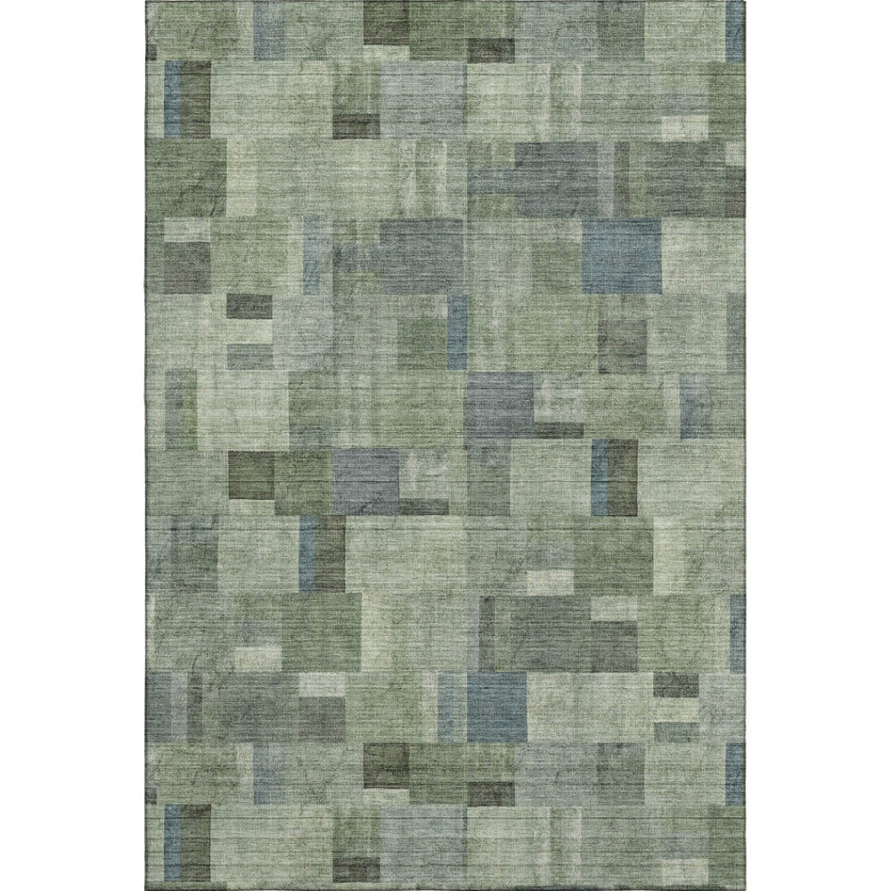 HomeRoots 9' X 12' Geometric Area Rug - Washable, UV-Protected, Stylish Green, Blue & Gray for Active Homes 653433