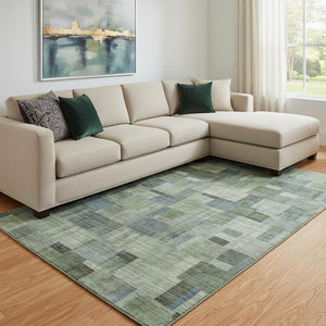 HomeRoots 10' X 14' Stylish Geometric Washable Area Rug in Green, Blue & Gray – UV Protected for Durability! 653434