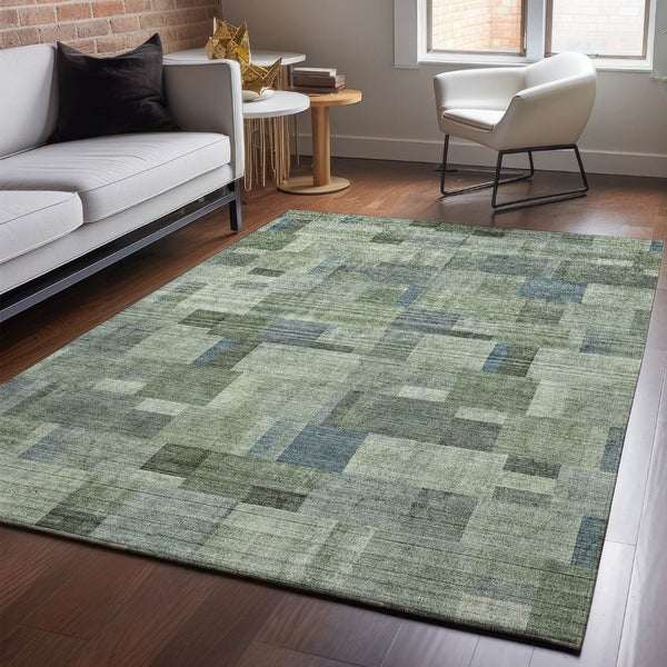 HomeRoots 10' X 14' Stylish Geometric Washable Area Rug in Green, Blue & Gray – UV Protected for Durability! 653434