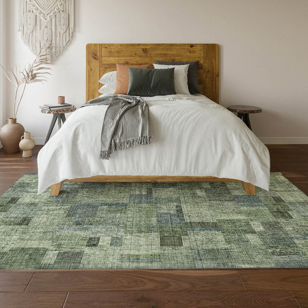 HomeRoots 10' X 14' Stylish Geometric Washable Area Rug in Green, Blue & Gray – UV Protected for Durability! 653434