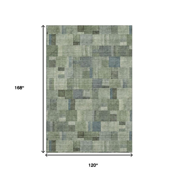 HomeRoots 10' X 14' Stylish Geometric Washable Area Rug in Green, Blue & Gray – UV Protected for Durability! 653434