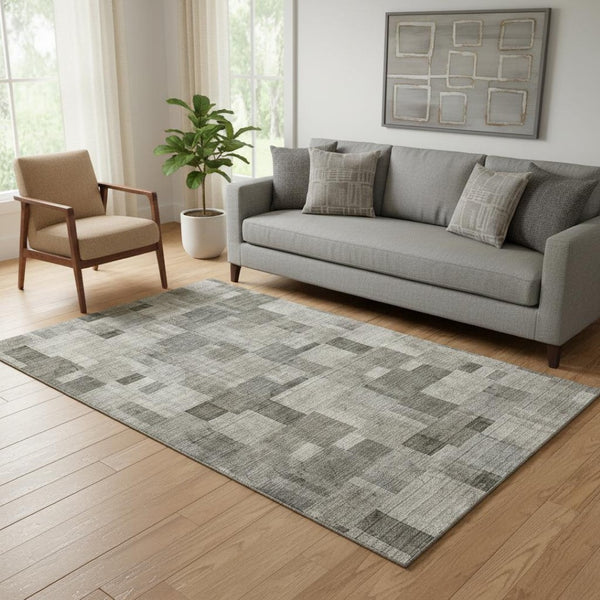 HomeRoots 5' X 8' Stylish Taupe, Charcoal & Beige Geometric Washable Area Rug with UV Protection & Durability 653436