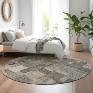 HomeRoots 8' Taupe Charcoal Beige Geometric Round Rug - Washable, UV Protected, Durable for Indoor & Outdoor Use 653437