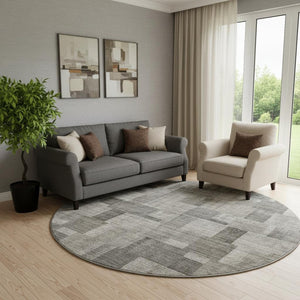 HomeRoots 8' Taupe Charcoal Beige Geometric Round Rug - Washable, UV Protected, Durable for Indoor & Outdoor Use 653437
