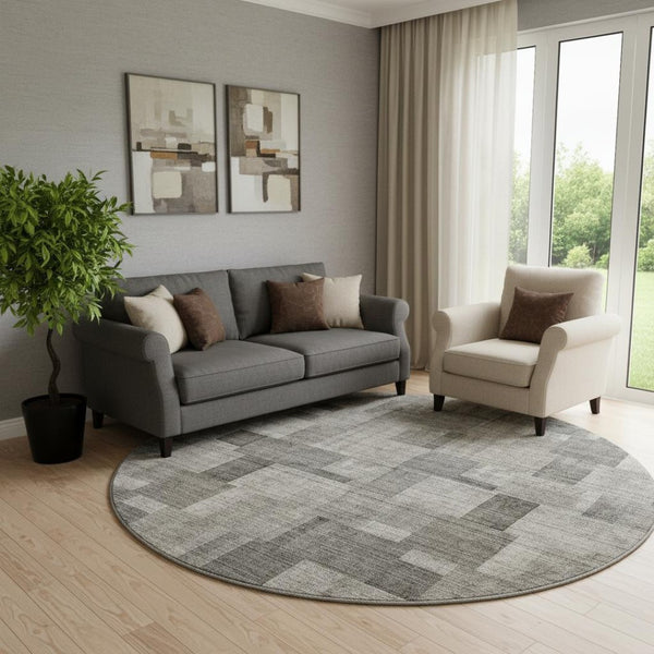 HomeRoots 8' Taupe Charcoal Beige Geometric Round Rug - Washable, UV Protected, Durable for Indoor & Outdoor Use 653437