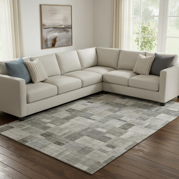 HomeRoots 9' X 12' Stylish Taupe Charcoal Beige Geometric Area Rug - Washable, UV Protected, Kid & Pet Friendly! 653439