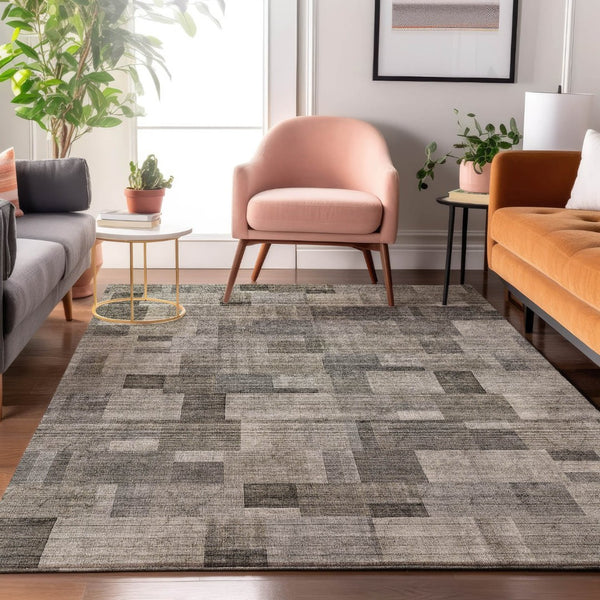 HomeRoots 9' X 12' Stylish Taupe Charcoal Beige Geometric Area Rug - Washable, UV Protected, Kid & Pet Friendly! 653439