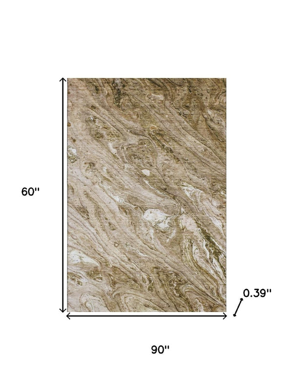 HomeRoots 5' X 8' Brown And Ivory Abstract Area Rug - Washable, UV-Protected, Durable Design for Any Space 653442