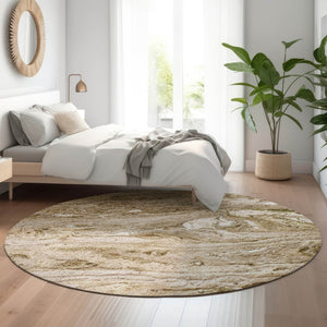 HomeRoots 8' Brown And Ivory Abstract Washable Round Rug – Stylish, Durable, Stain Resistant with UV Protection 653443