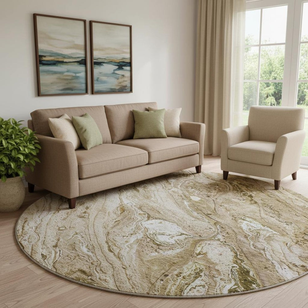 HomeRoots 8' Brown And Ivory Abstract Washable Round Rug – Stylish, Durable, Stain Resistant with UV Protection 653443