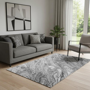 HomeRoots 5' Gray and Ivory Abstract Washable Area Rug - Stain-Resistant, UV-Protected, Stylish Durability! 653448