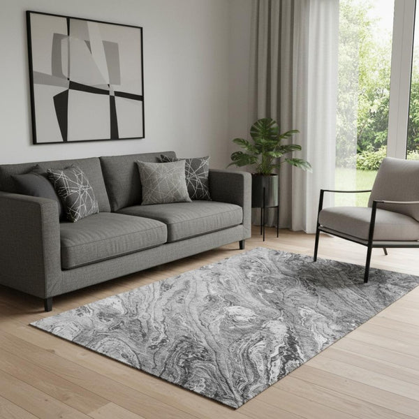 HomeRoots 5' Gray and Ivory Abstract Washable Area Rug - Stain-Resistant, UV-Protected, Stylish Durability! 653448