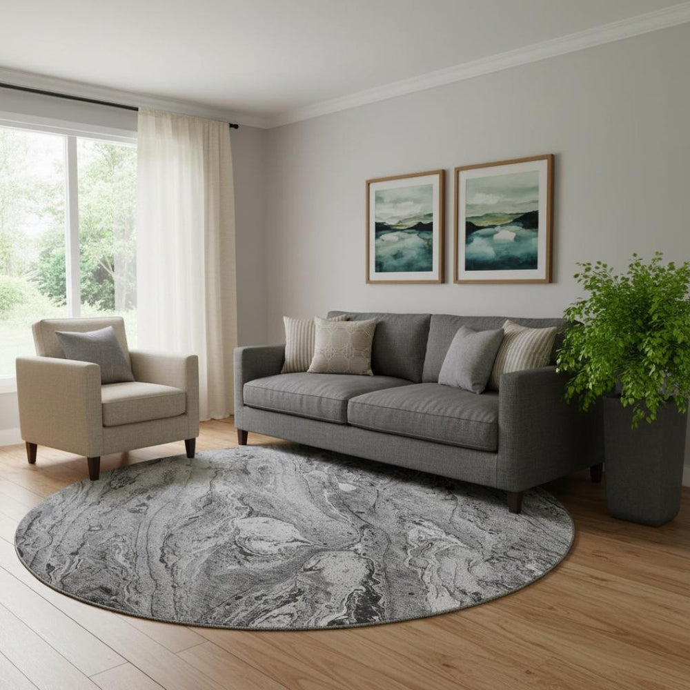 HomeRoots 8' Gray and Ivory Abstract Round Rug – Washable, UV Protected, Modern Design for Busy Homes 653449