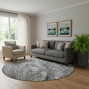 HomeRoots 8' Gray and Ivory Abstract Round Rug – Washable, UV Protected, Modern Design for Busy Homes 653449
