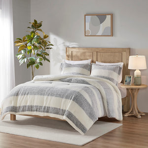 English Elm Full/Queen Sherpa Comforter Set - Farmhouse Striped Reversible Mink, Oeko-Tex Soft, Machine Washable, Rustic Chic B035129372