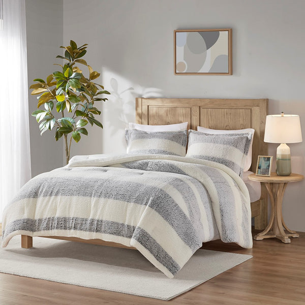 English Elm Full/Queen Sherpa Comforter Set - Farmhouse Striped Reversible Mink, Oeko-Tex Soft, Machine Washable, Rustic Chic B035129372