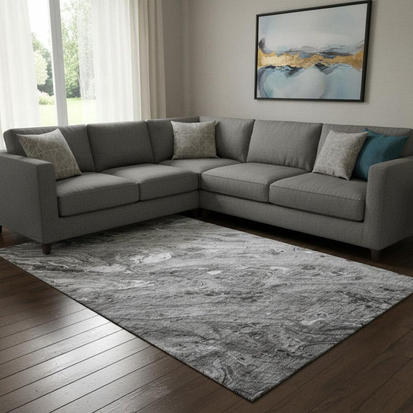 HomeRoots 8' X 10' Gray & Ivory Abstract Area Rug - Washable, Stain-Resistant & UV Protected for Modern Living 653450