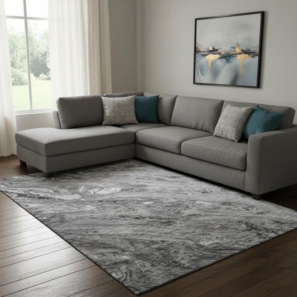 HomeRoots 9' X 12' Gray And Ivory Washable Area Rug – UV Protected, Soft Polyester for High-Traffic Areas 653451