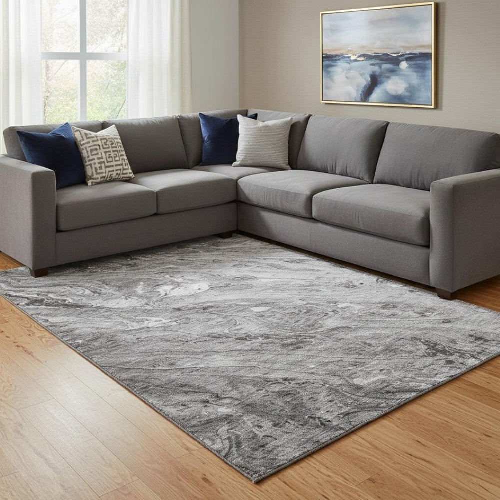 HomeRoots 10' X 14' Gray And Ivory Abstract Area Rug – Washable, UV Protected, Perfect for High-Traffic Homes! 653452