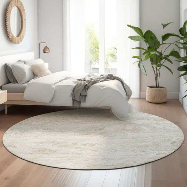 HomeRoots 8' Ivory and Beige Abstract Round Rug - Stylish, Washable, UV-Protected for Kids & Pets' Play Areas 653455