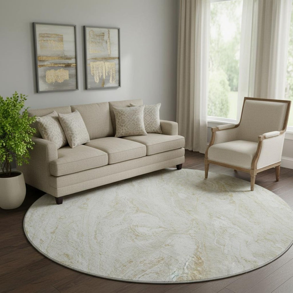 HomeRoots 8' Ivory and Beige Abstract Round Rug - Stylish, Washable, UV-Protected for Kids & Pets' Play Areas 653455