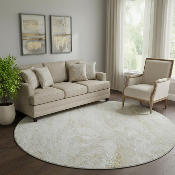 HomeRoots 8' Ivory and Beige Abstract Round Rug - Stylish, Washable, UV-Protected for Kids & Pets' Play Areas 653455