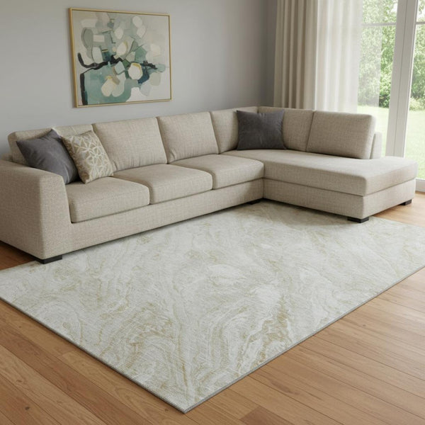 HomeRoots 9' X 12' Ivory and Beige Abstract Washable Area Rug with UV Protection for Modern Homes & Families 653457