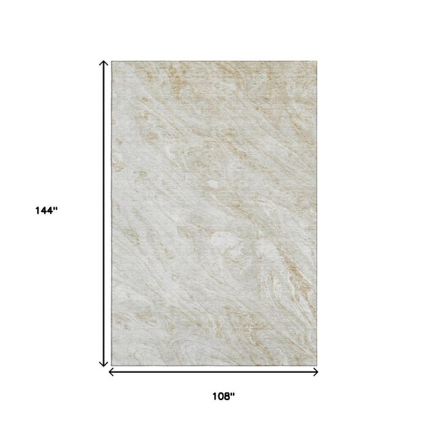 HomeRoots 9' X 12' Ivory and Beige Abstract Washable Area Rug with UV Protection for Modern Homes & Families 653457