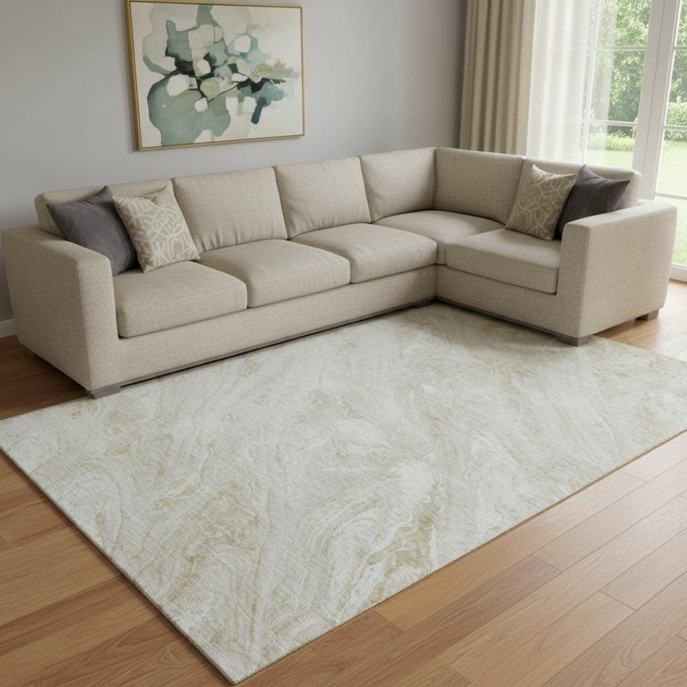 HomeRoots 10' X 14' Ivory and Beige Abstract Washable Area Rug with UV Protection for Homes with Kids & Pets 653458