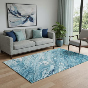 HomeRoots 5' X 8' Sky Blue and Ivory Abstract Area Rug - Washable, UV Protected & Perfect for Modern Living Spaces 653460