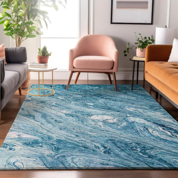 HomeRoots 5' X 8' Sky Blue and Ivory Abstract Area Rug - Washable, UV Protected & Perfect for Modern Living Spaces 653460