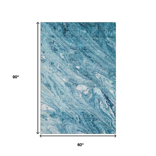 HomeRoots 5' X 8' Sky Blue and Ivory Abstract Area Rug - Washable, UV Protected & Perfect for Modern Living Spaces 653460