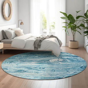 HomeRoots 8' Sky Blue and Ivory Abstract Round Rug – Washable, Durable, UV-Protected for Modern Living Spaces 653461