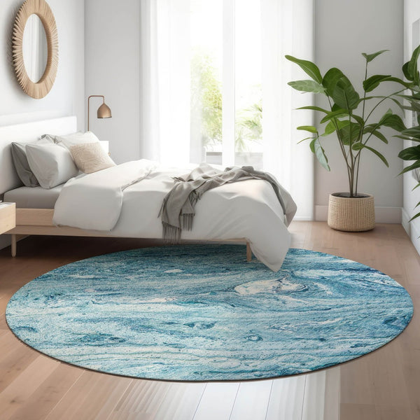 HomeRoots 8' Sky Blue and Ivory Abstract Round Rug – Washable, Durable, UV-Protected for Modern Living Spaces 653461