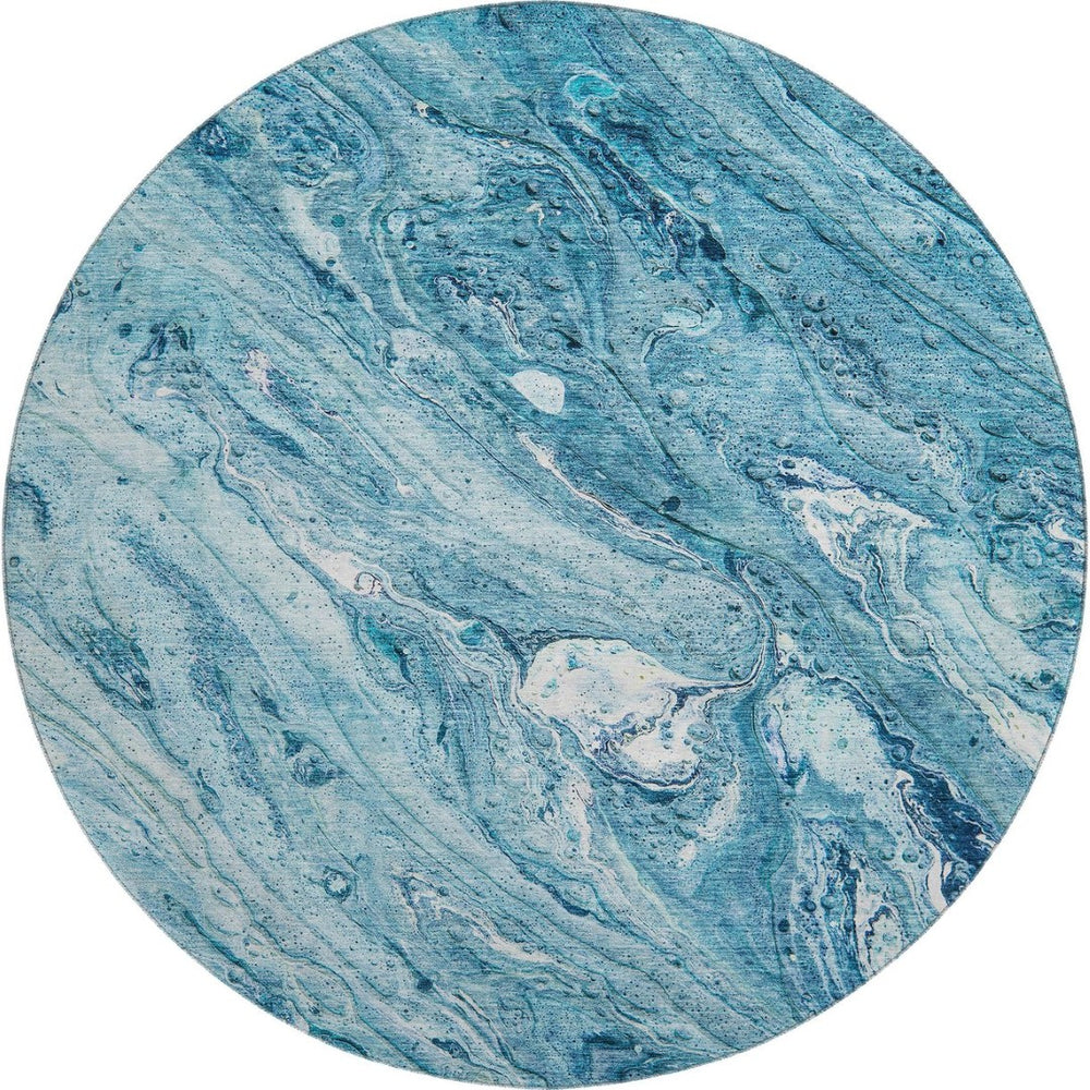 HomeRoots 8' Sky Blue and Ivory Abstract Round Rug – Washable, Durable, UV-Protected for Modern Living Spaces 653461